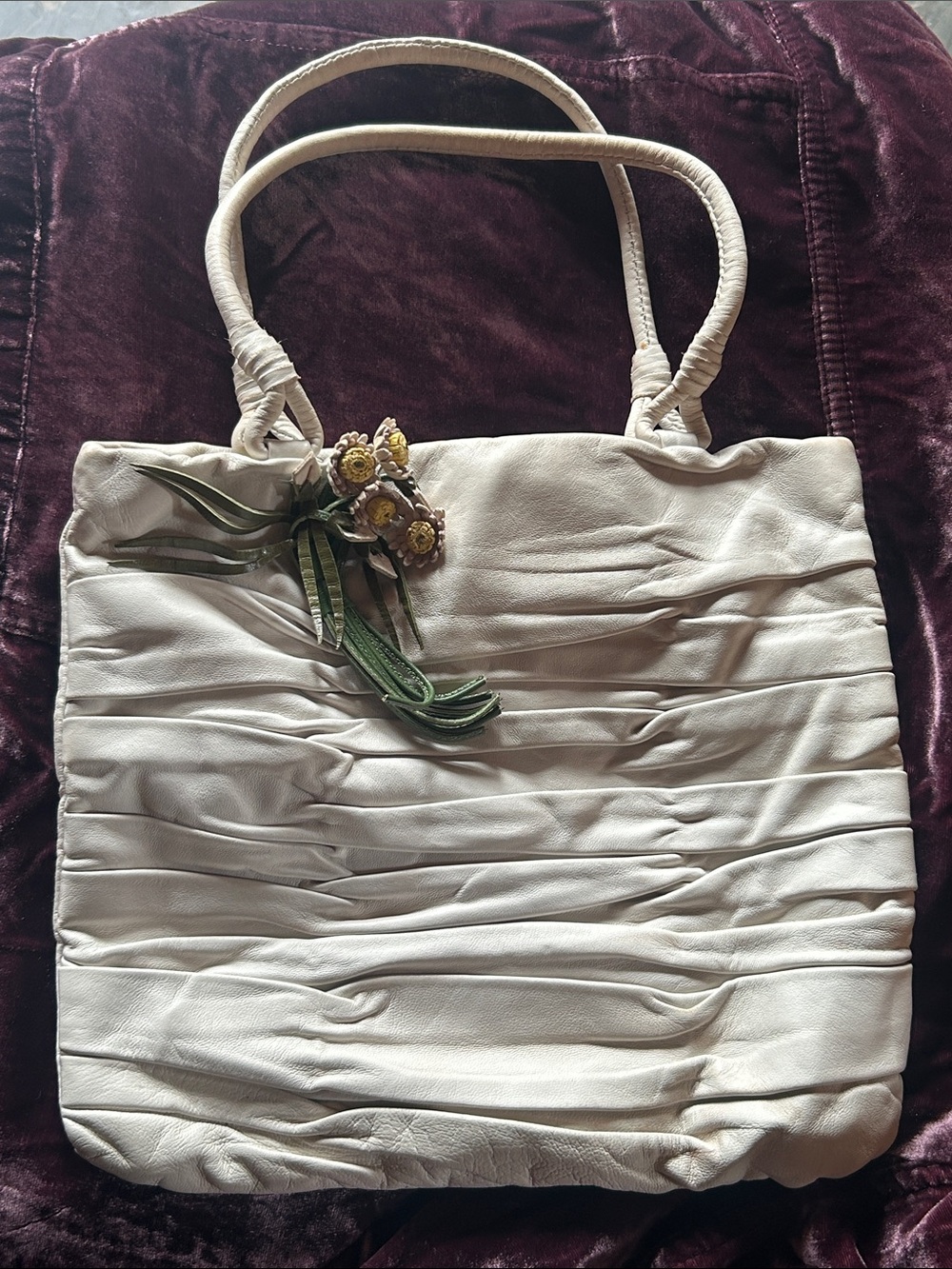 Prada Cream Ruched Tote with Green Floral Accent